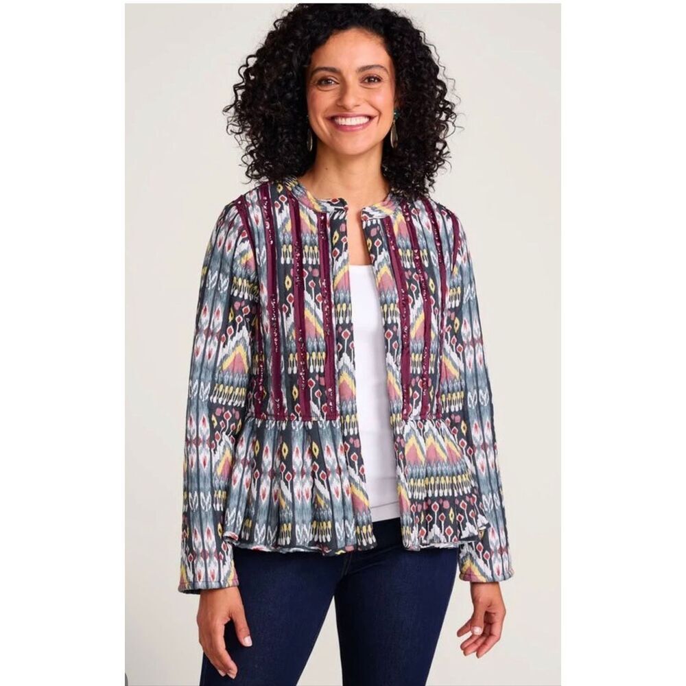 Soft Surroundings boheme beaded voile peplum quilted open front jacket M